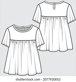 FRONT AND BACK TECHNICAL SKETCH OF WOVEN TOP FOR TEEN GIRLS AND KID GIRLS EDITABLE VECTOR FILE