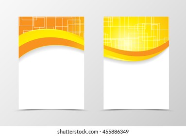 Front and back technologic wave flyer template design. Abstract template with orange and yellow lines and digital geometric square background. Vector illustration