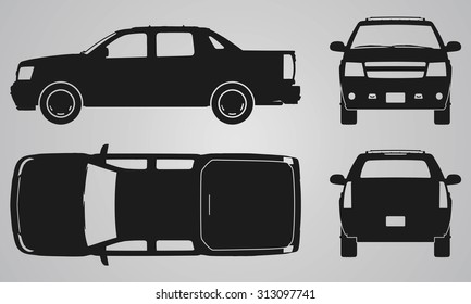 Front, back, top and side pickup truck projection. Flat illustration for designing icons 