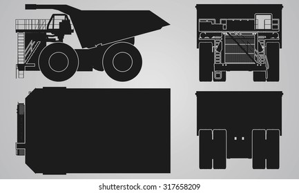 Front, back, top and side truck with load trailer projection. Flat illustration for designing icons 