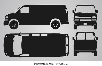 Front, back, top and side van car projection. Flat illustration for designing icons 