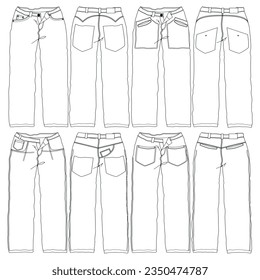 Front and back vector jean jean pants for men flat cartoon fashion illustration, five pocket denim trousers vector template