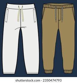 Front and back vector jean jean pants for men flat cartoon fashion illustration, five pocket denim trousers vector template