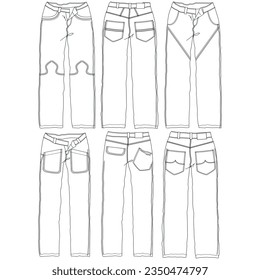 Front and back vector jean jean pants for men flat cartoon fashion illustration, five pocket denim trousers vector template