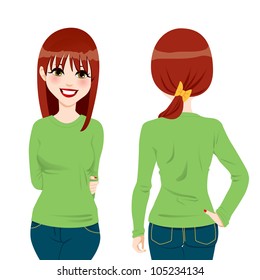 Front and back view of beautiful auburn hair girl wearing green tight long sleeve t-shirt