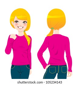 Front and back view of beautiful blond woman wearing pink tight long sleeve t-shirt