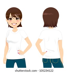 Front and back view of beautiful woman wearing blank white tight t-shirt template