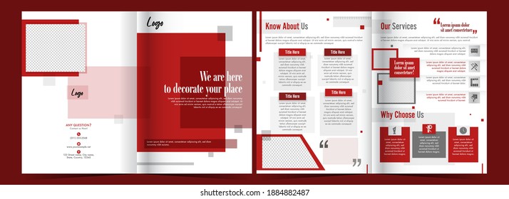 Front And Back View Of Bi-Fold Brochure Template Or Cover Page In Red And White Color.