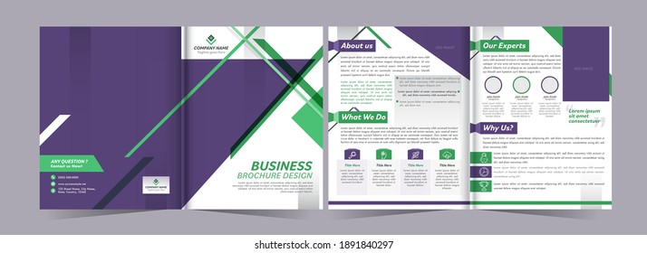 Vista Delantera Y Retrospectiva De La Plantilla De Folleto Comercial Bi-Fold, Diseño De Informes Anuales.