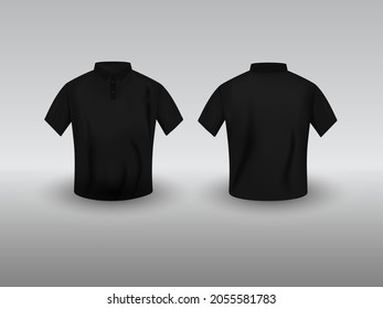 Vista Frontal E Traseira De Preto Modelo De Camiseta Polo Realista Em Fundo Cinza.