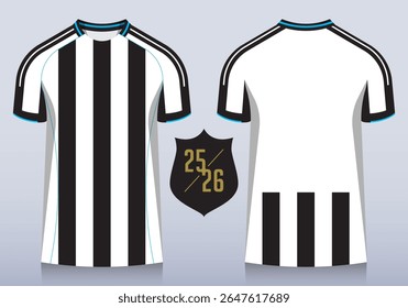 Front and back view of black and white stripes pattern with round collar for football club. Sportswear, sport uniform, soccer jersey or football kit mockup template design in minimal style. Vector.