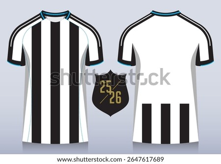 Front and back view of black and white stripes pattern with round collar for football club. Sportswear, sport uniform, soccer jersey or football kit mockup template design in minimal style. Vector.