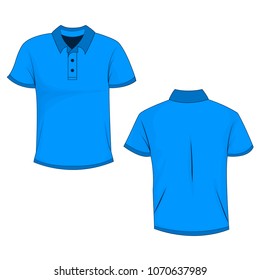 Front and back view of blue polo (t-shirt). Isolated on white background. Template and mockup of polo for print. Vector illustration, EPS10.