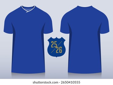 Front and back view of blue t-shirt with blue sleeves and v collar for football club. Sportswear, sport uniform, soccer jersey or football kit mockup template design in minimal style. Vector.