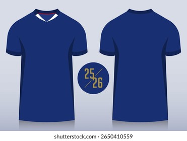 Front and back view of blue t-shirt and sleeves with white v collar for football club. Sportswear, sport uniform, soccer jersey or football kit mockup template design in minimal style. Vector Illustra