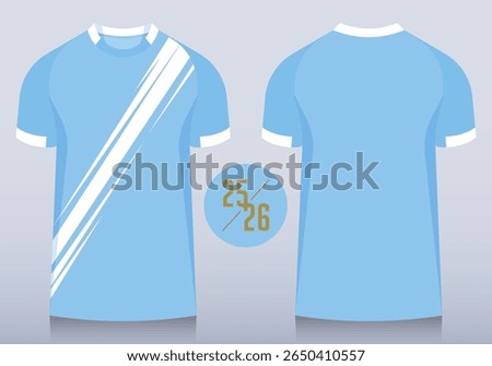 Front and back view of blue t-shirt with blue raglan sleeves and round collar for football club. Sportswear, sport uniform, soccer jersey, football kit mockup template design in minimal style. Vector.