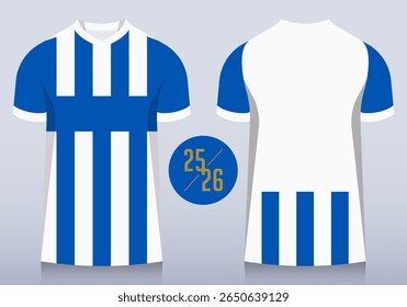 Front and back view of blue and white stripes pattern with v collar for football club. Sportswear, sport uniform, soccer jersey or football kit mockup template design in minimal style. Vector.