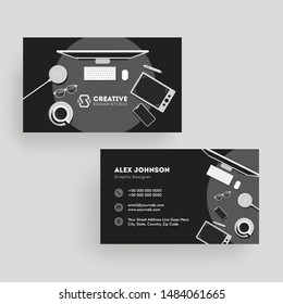 Front and back view of business card or horizontal template design with top view office workspace.