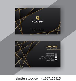 Front And Back View Of Business Card Design With Golden Lines In Black Color.