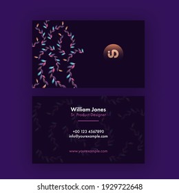 Front And Back View Of Business Card Design With Gradient Leaves On Purple Background.