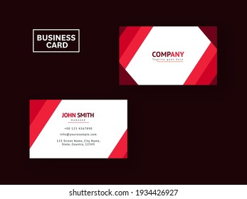 Front And Back View Of Business Card Template On Dark Red Background.