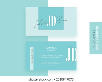 Front And Back View Of Business Card Template In Blue Color.
