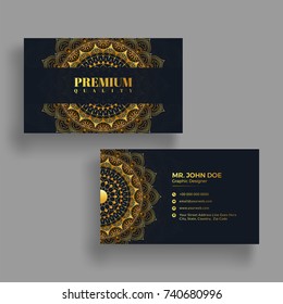 Front and back view of Business card with floral ornamental design.