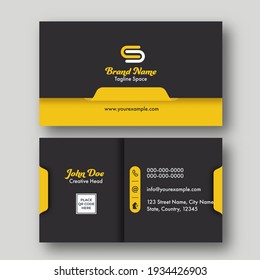 Front And Back View Of Business Or Visiting Card On Grey Background.