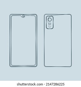 Front and back view of a cell phone. Single stroke vector illustration.
