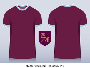 Front and back view of claret t-shirt and sleeves with blue round collar for football club. Sportswear, sport uniform, soccer jersey, football kit mockup template design in minimal style. Vector.