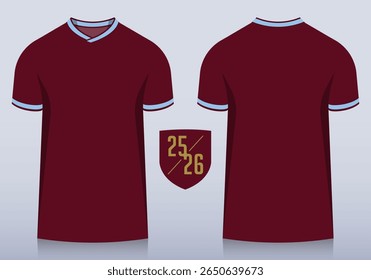 Front and back view of claret t-shirt and sleeves with blue round collar for football club. Sportswear, sport uniform, soccer jersey or football kit mockup template design in minimal style. Vector.