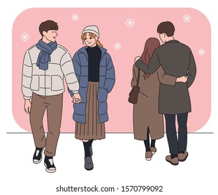 Front and back view of couple walking tenderly on snowy day. hand drawn style vector design illustrations. 