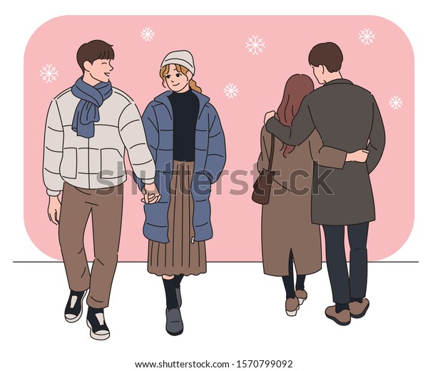 雪の降る日に優しく歩く夫婦の正面と背面 手描きのスタイルのベクター画像デザインイラスト のベクター画像素材 ロイヤリティフリー