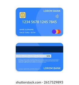 Front and back view of credit card in flat style, vector illustration for payment and business concepts