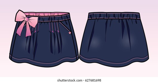 Front and back view of a dark blue denim skirt