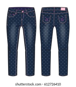 Front and back view of denim pants with all over polka dots print