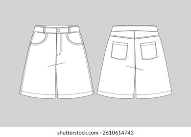 Front and back view of denim shorts with pockets and button closure