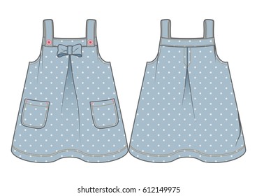 Front and back view of a denim sundress with polka-dot pattern