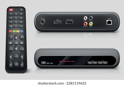 Front and back view of digital TV setup box with remote controller realistic vector illustration