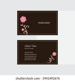 Front And Back View Of Editable Business Card With Flower In Brown Color.