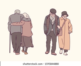 Front and back view of elderly couple walking tenderly. hand drawn style vector design illustrations. 