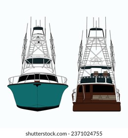 Front and back view fishing boat vector line art illustration