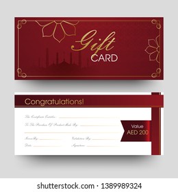 Front and back view of Gift card with silhouette mosque and discount offer for Islamic festival celebration.