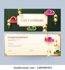 Vista frontal y posterior del certificado de regalo o diseño de plantilla horizontal con faros iluminados colgantes.