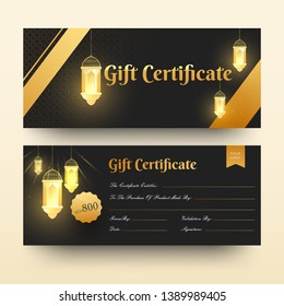 Front and back view of Gift Certificate or horizontal template design with discount offer and illuminated lanterns.