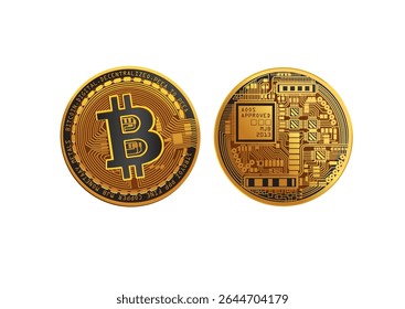 Front and back view of gold bitcoin coin featuring digital circuit design, symbolizing blockchain technology and digital currency innovation on white background. Finance concept