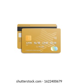 Front and back view of golden plastic bank card isolated on white background - realistic credit or debit card with gold star design, vector illustration
