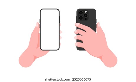 Front and Back View of Hand Holding Smartphone with Blank Screen. Perfect for Web Banners, Social Media, Business Presentations, and Marketing Materials. Vector Illustration.