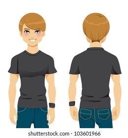 Front and back view of handsome man wearing blank black tight tshirt template