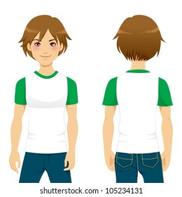 Front and back view of handsome man wearing white and green tight t-shirt template